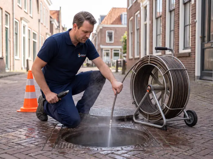 Van Dijk monteur ontstopt een riool via een put in de straat